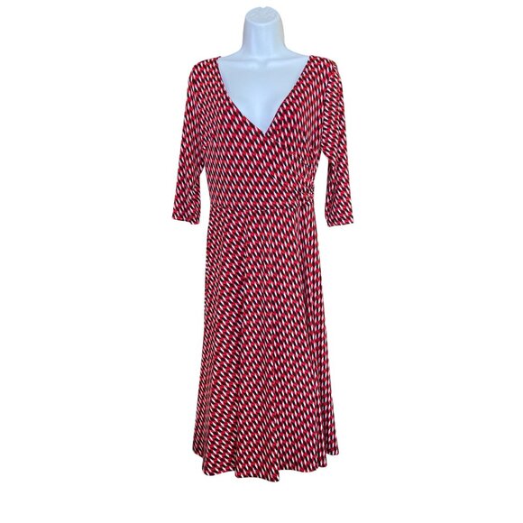 LBisse Red Geometric Wrap Dress Women’s  Stretch Knit Midi NWT Office Chic - Picture 2 of 10